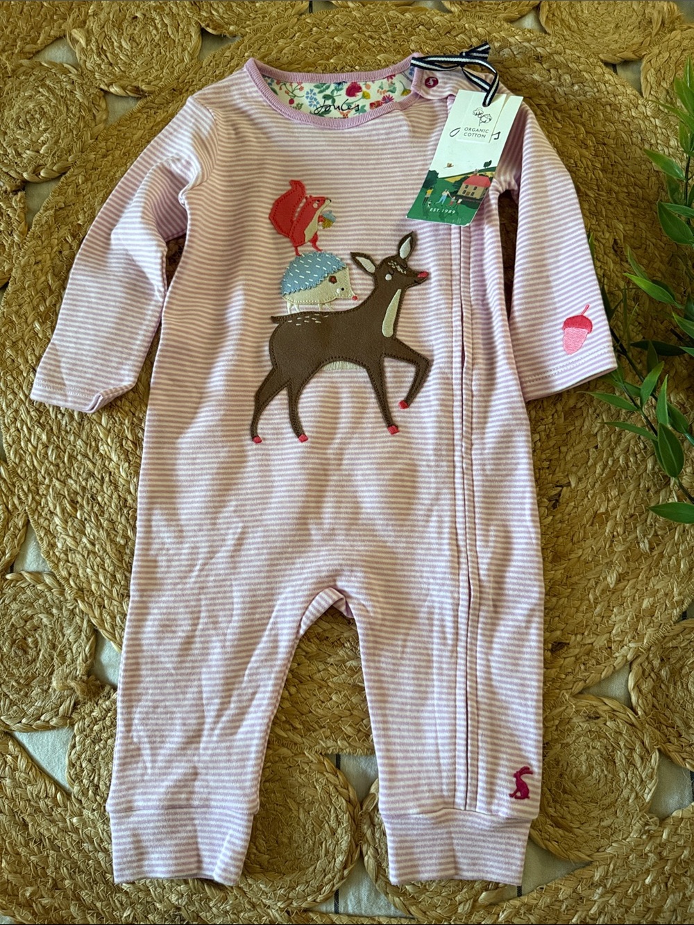 Joules Appliqués Woodland Baby Pink Striped Deer Applique Zip One-Piece. 6-9 mo
